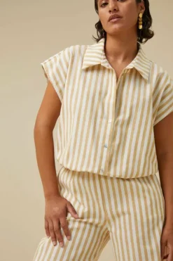 By bar Blouses*bieke linen stripe blouse | ochre
