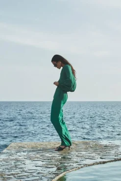 By bar Broeken*robyn satin stripe pant | evergreen